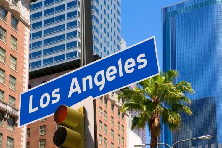 A blue Los Angeles street sign in front of a traffic light, with palm trees and downtown high-rise buildings in the background, representing the urban setting where private investigator and private detective services in Los Angeles are offered